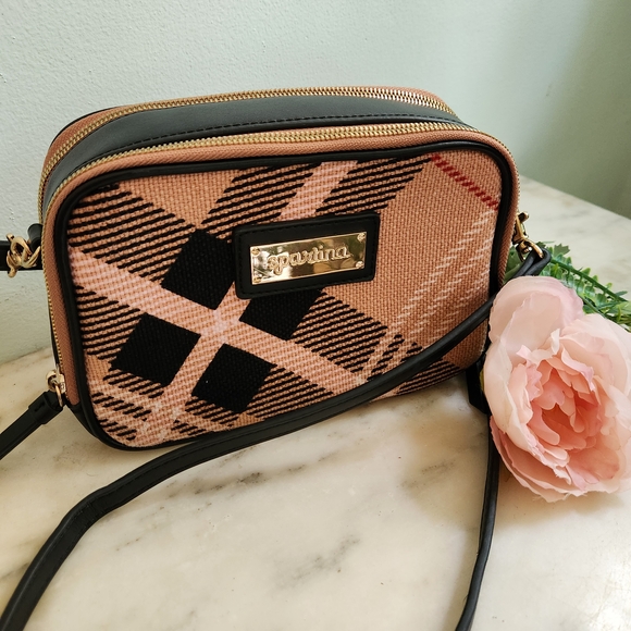 Spartina 449 Handbags - Spartina 449 Daufuskie Island Crossbody Bag Pink Plaid Linen Purse Brown Leather